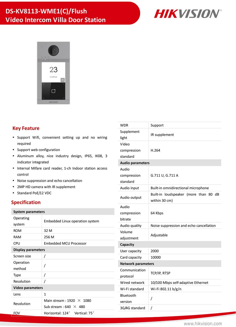 Hikvision DS-KV8113-WME1 1 Button Metal Villa Door Station Flush Mount 0